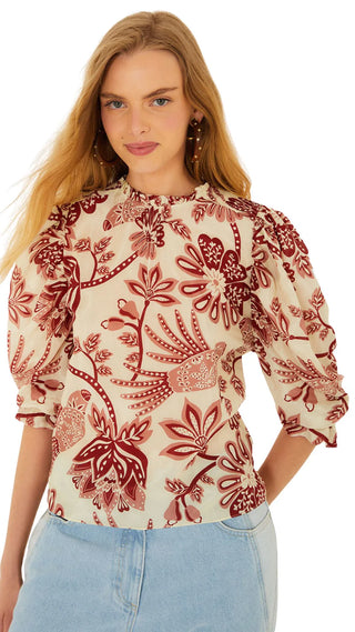 Flowerful Birds Beige Blouse