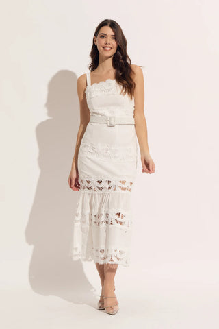 Tiered Lace Solid Cotton Belted Dress
